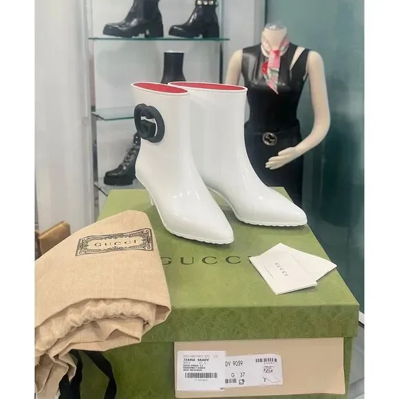 Gucci Women's Rubber ankle Rain Boot with Interlocking G White Black 37 - Picture 8 of 10